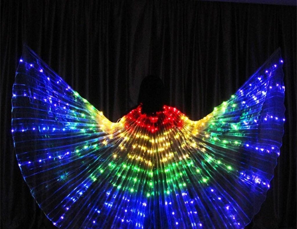 Costume de danse orientale de couleur arc-en-ciel, lumière LED de cirque, costumes lumineux,